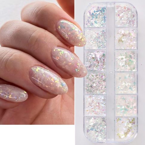 12Grids Iridescent Opal Holographic Nail Powder Nail Art Glitters Irregular Flake Aurora Acrylic Mamicure