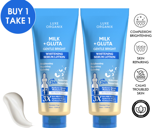 Luxe Organix Milk + Gluta Gentle Bright Whitening Serum Lotion 350ml B1T1