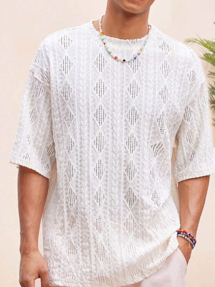 Manfinity VCAY Men Beach Outfits Summer Vacation Basic Knit Casual Surfing Seaside Beach Oversize Boho Hawaiian T Shirt Beachwear