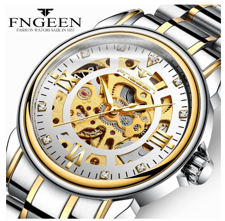 FNGEEN 0014 Men's Automatic Mechanical Watch SILVER GOLD WHITE