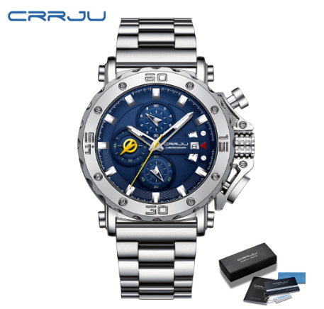 CRRJU Men's Watch Original Brand Multifunction Luminous Fashion Luxury Business Sports Military Analog Quartz Stainless Steel Waterproof Watch 002
