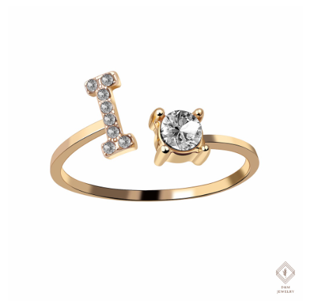 26 Letter Rings Cubic 14K Gold Promise Ring Diamond Ring Wedding 925 Silver Ring Adjustable Size I