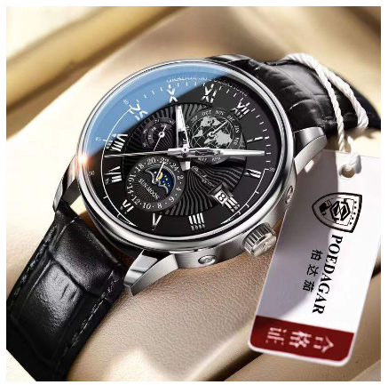 POEDAGAR watch for men water proof original 2023 new fashion multifunctional genuine leather calendar display wristwatch Watch SILVER BLACK