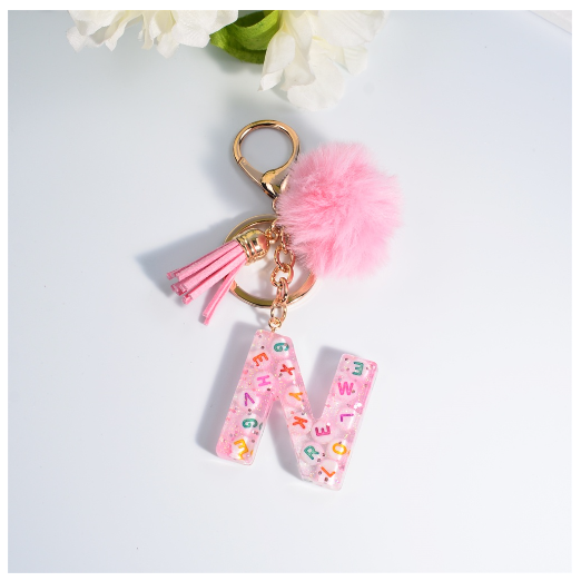 Exquisite Pink A-Z Letter Resin Keychain With Hairball 26 Initials Keyring Charms Women Bag Ornament Best Festival Gift N