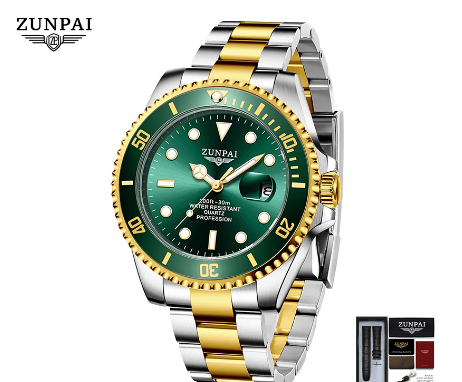 ZUNPAI Watch for Men Original Waterproof Stainless Steel Silver Gold Fashion Business Trend Calendar Luminous Watch  SILVER GOLD GREEN