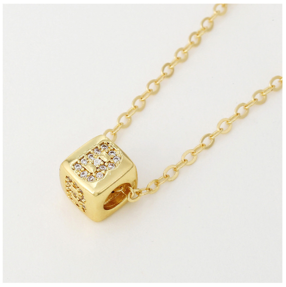 18K Gold Plated Titanium Steel English Letter Pendant Necklace Collar Chain Women's Fashion Copper Inlaid Zircon Dice Necklace Neckchain B