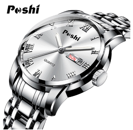 POSHI Men Watch Waterproof Steel Belt Dive Sports Quartz Original For Gold Dual Calendar Luminous 05