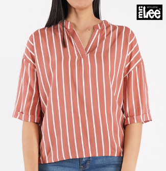 Stylistic Mr. Lee Ladies Basic Woven Striped 3/4 Sleeve Blouse for Women Loose Fit 128470 Pink