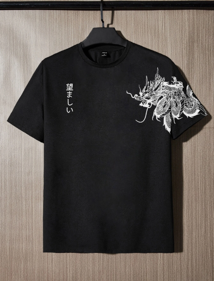 Manfinity Homme Men T-Shirts Fit Crew Neck Short Sleeve Graphic Tee Dragon Casual Japanese Fashion Polyester
