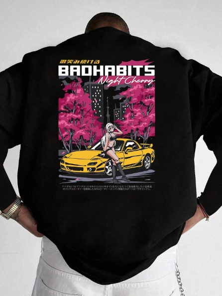 Plus Size Men's Crew Neck Long Sleeve T-Shirt, Casual Spring/Fall Long Sleeve Top, Trendy Streetwear Anime Design