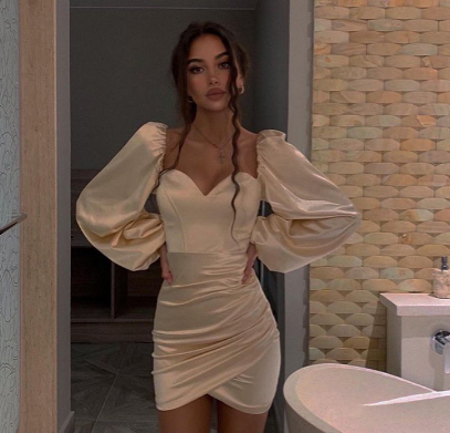 Fashion Slim Plain Square Neck Pleated Long Sleeve Elegant Party Dress