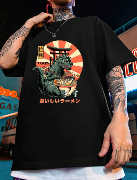 Manfinity EMRG Men Plus Dinosaur & Japanese Letter Graphic Tee