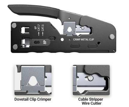 Ampcom RJ45 Crimper CAT7 Crimping Tool For Pass Through RJ11 RJ45 Connector CAT6 CAT5E Modular Plugs With Wire Stripper