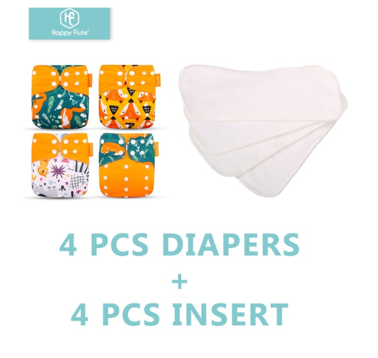 Happyflute 4Pcs Pocket Diapers Plus 4 Pcs Microfiber Insert Reusable Washable Ecological Cloth Diaper Fit 3 15kg Baby Set 3