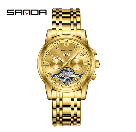 Sanda Official Fully Automatic Mechanical Steel Band Watch Fashion Hollow-out Men's Luminous Swimming Watch GOLD