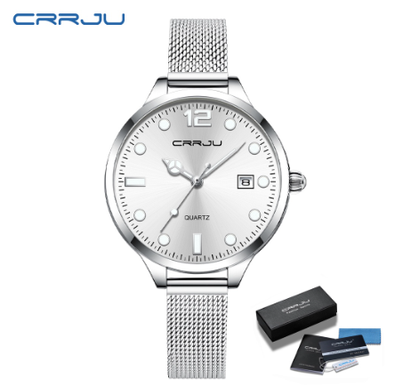 CRRJU Women's Watch Original Brand Luminous Fashion Business Analog Quartz Stainless Steel Waterproof 2187 SILVER WHITE