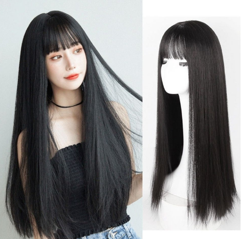 60CM Long Straight Hair Wig with Bangs Women Natural Hair Clip in Topper Toupee Hairpiece