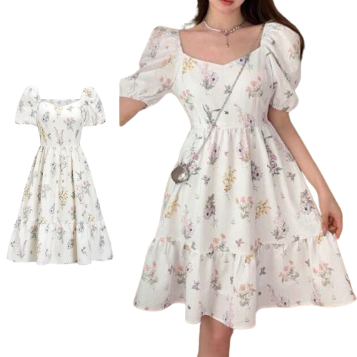 Lovito Women Elegant Ditsy Floral Ruched Square Neck Puff Sleeve Dress L65ED176 (Multi-Color)
