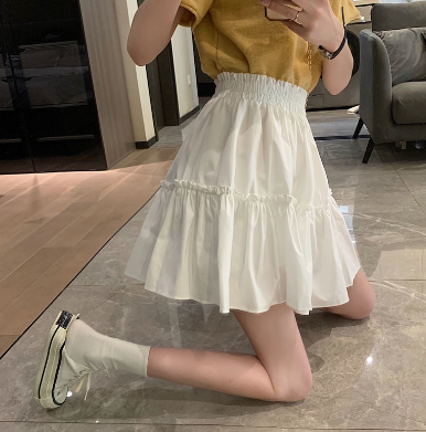 Women's Skirt Japanese Ruffled All-match White A-line Skirt Mid-length