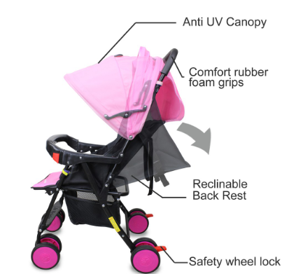 BBA JW 772 Stroller Pink Panda Lightweight Foldable Stroller