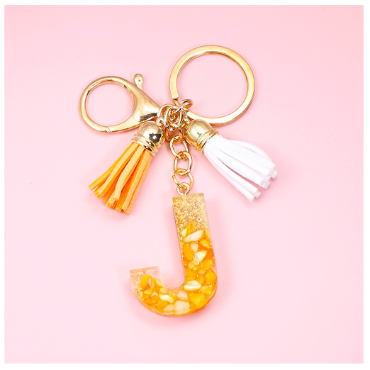 Tassel Gold Foil A-Z 26 Letter Pendent Keychain for Women Orange Resin Keyrings Girls Bag Ornamant Accessories Charms Gifts J