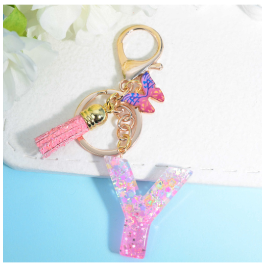 Glitter Star Sequin Filled 26 Letter Keychains With Butterfly Pendant Fashion Tassel Name Initials Key Chains Car Keyrings Gifts Y