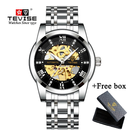 TEVISE Original Watch for Men Automatic Waterproof watch relo Gold Skeleton Luxury Stainless Steel Steel leather strap Luminous 9005A 6