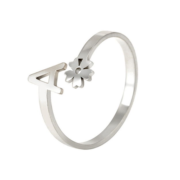 Stainless Steel A-Z Letter Ring For Women Girl Flower 26 Initial Name Adjustable Ring Trendy Birthday Jewelry Gift A