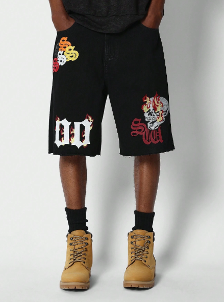 SUMWON Raw Hem Denim Jort With Graphic