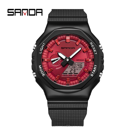 Sanda Men's Watch Luminous Multi-function Metal Luxury Fashion Men's Sports Watch RED BLACK
