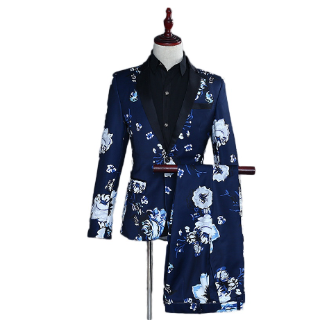 Quality Ready Stock Men's Groom Dress Suit Theme Blue Printed Slim-Fit Stage Performer Costume