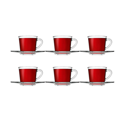 Pasabahce Basic Glass Cup and Saucer 190cc 6 1/4oz, Set of 6 (96693)