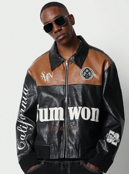 SUMWON PU Colour Block Jacket With Patches And Sleeve & Front Graphic Print