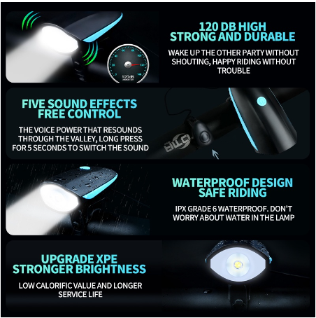 Bike Light with Horn Rechargeable Waterproof Front Night Light for Mountain Bike Flashlight