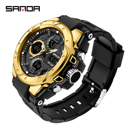 Sanda Waterproof Movement Men Watches Multifunctional Sports Luxury Quartz Men Night Light Swimming LED Men's Watch GOLD