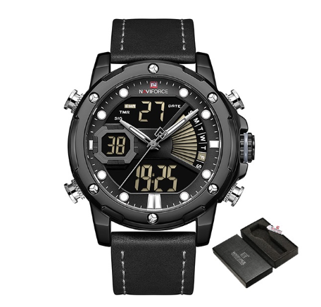 Naviforce Men's Top Luxury Brand Military Men Watch Led Digital Leather Sports Quartz Watches FULL BLACK