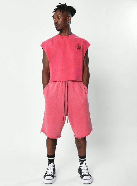 SUMWON Washed Boxy Fit Raw Edge Crop Tank Top And Jort With Small Graphic Print 2 Piece Set