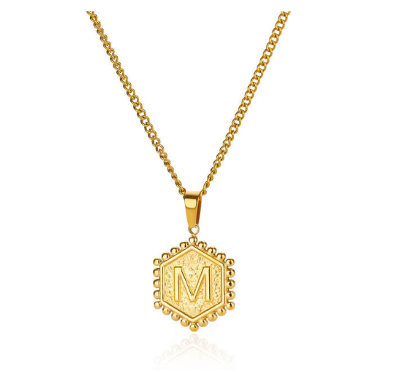 Fashion Hexagon A-Z Letter Necklaces For Women Stainless Steel Initial Hexagon Pendant Necklace M