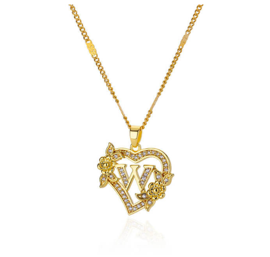 Zircon Stainless Steel Heart Flower Letter Necklaces For Women Gold Color A-Z Letter Heart Necklace W