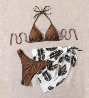 Spring Solid Color Bikini 3pcs Swimsuit Backless Feathers Printed Gauze Skirt Bra Thigh Long Dress Triangle Bikini