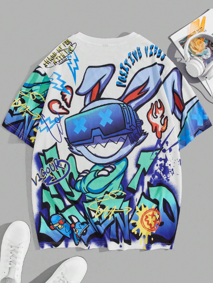 Manfinity EMRG Men T-Shirts Baggy Crew Neck Drop Shoulder Short Sleeve Graffiti Tee Bunny Street Summer Polyester