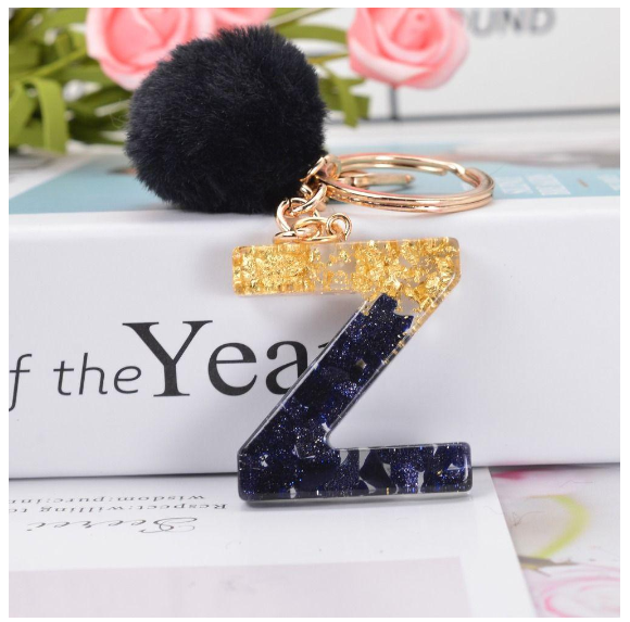 Lanfy Black Pompom Letter Keychain 26 Letter Initials Alphabet A To Z 26 Alphabet Keyring Cute A To Z 26 Black Pompom Resin Birthday Gifts Z
