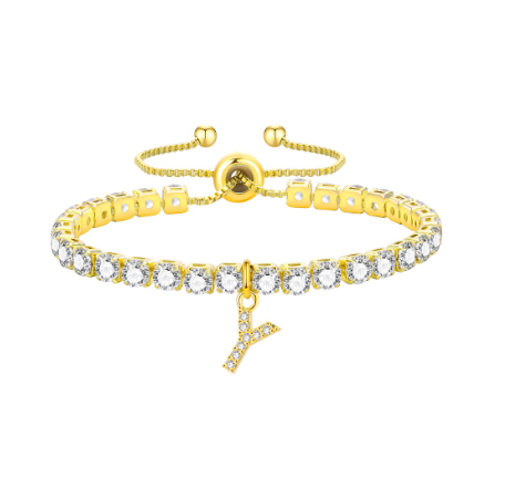 Vnox Cubic Zircon Letter Bracelet for Women Girl,18K Gold Handmade Initial Tennis Shiny Wedding Chain Link Jewelry Gift Y