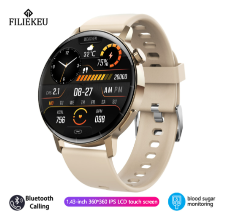 FILIEKEU smart watch for me 24-hour heart rate blood sugar watches bluetooth call waterproof sports fitness smartwatch for woman GOLD SILICONE