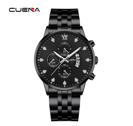 CUENA New Men's Watch Fashion Business Stainless Steel Waterproof Quartz Watch ALL BLACK