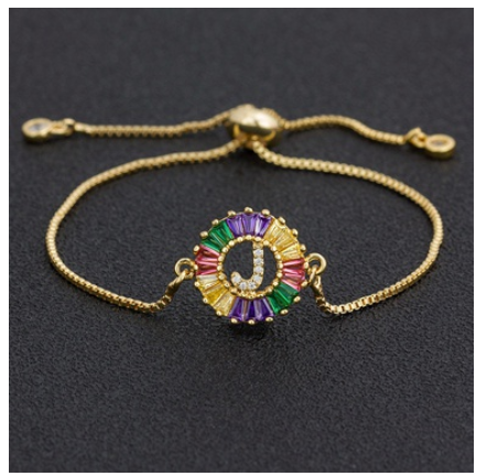 New Fashion A-Z Initial Colorful Cubic Zircon Letter Bracelets Adjustable Chain Rainbow Jewelry J