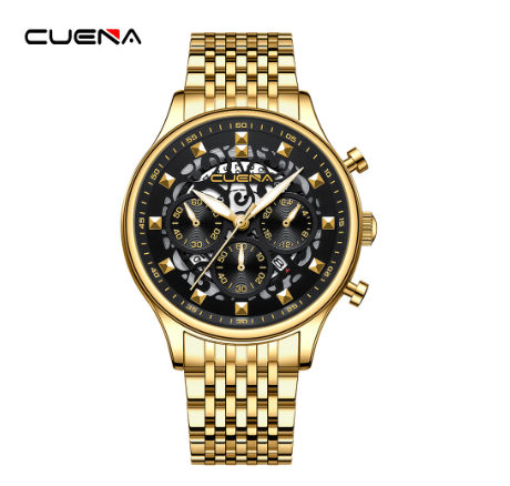 CUENA Original Brand New Men's Watches Mechanical Unique Style Creative Design Dial Stainless Steel Fashion Casual Business Sport Watch GOLD BLACK
