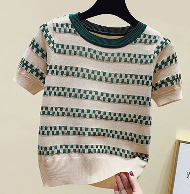 Ice Silk Knitted Blouse Plus Size Women's Summer Loose Striped Short-Sleeved T-shirt