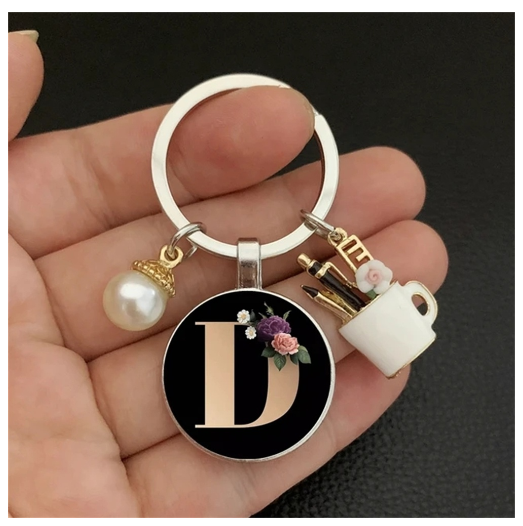 Fashion 26 Letter Keychains Imitation Pearl Rose Round Initials Keyrings Cup Pendant Car Keyholder Bag Ornaments Accessories D