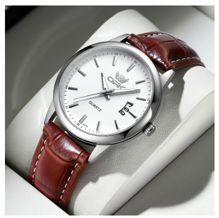 OPK Watch For Men WaterProof Original Stainless Steel Leather Strap Fashion Luminous Calendar Quartz Mens Watches WHITE DIAL BROWN LEATHER STRAP